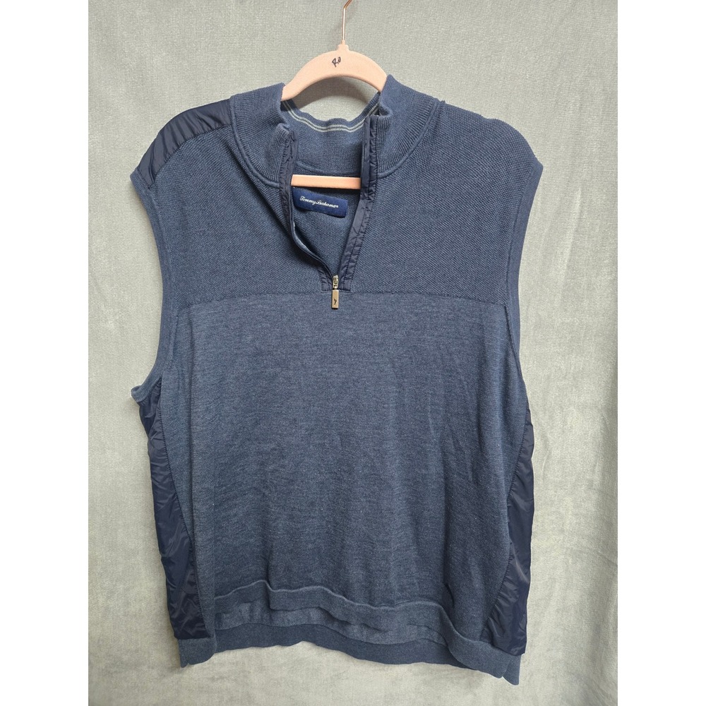Tommy Bahama Mens‎ XXL Blue Mixed Media Quarter Zip Sweater Vest Nylon Trim Logo
